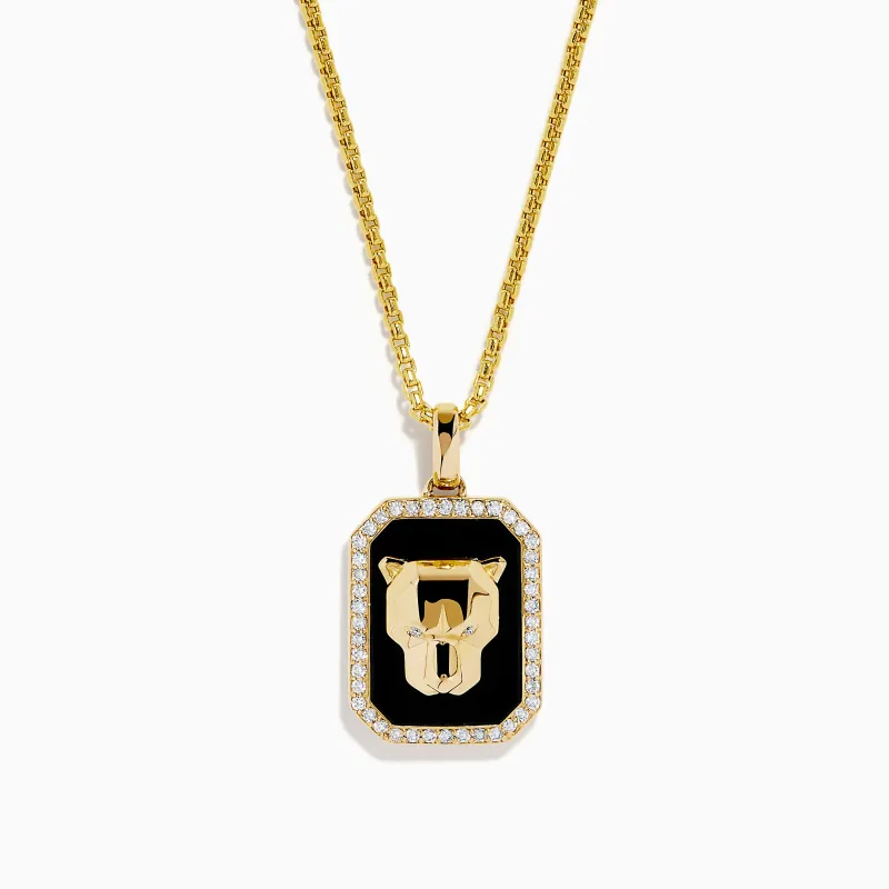 Men's 14K Yellow Gold Onyx and Diamond Panther Dog Tag Pendant made by Effy