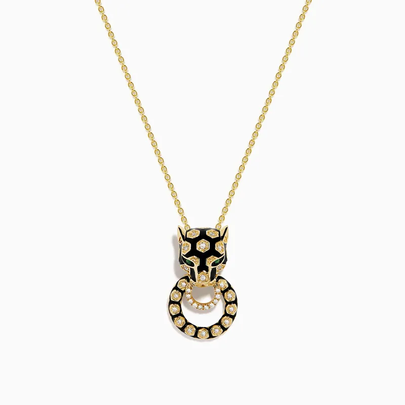 Signature 14K Yellow Gold Diamond and Enamel Panther Pendant made by Effy