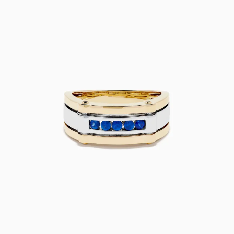 Men's 14K Two Tone Gold Blue Sapphire Channel Set Ring made by Effy