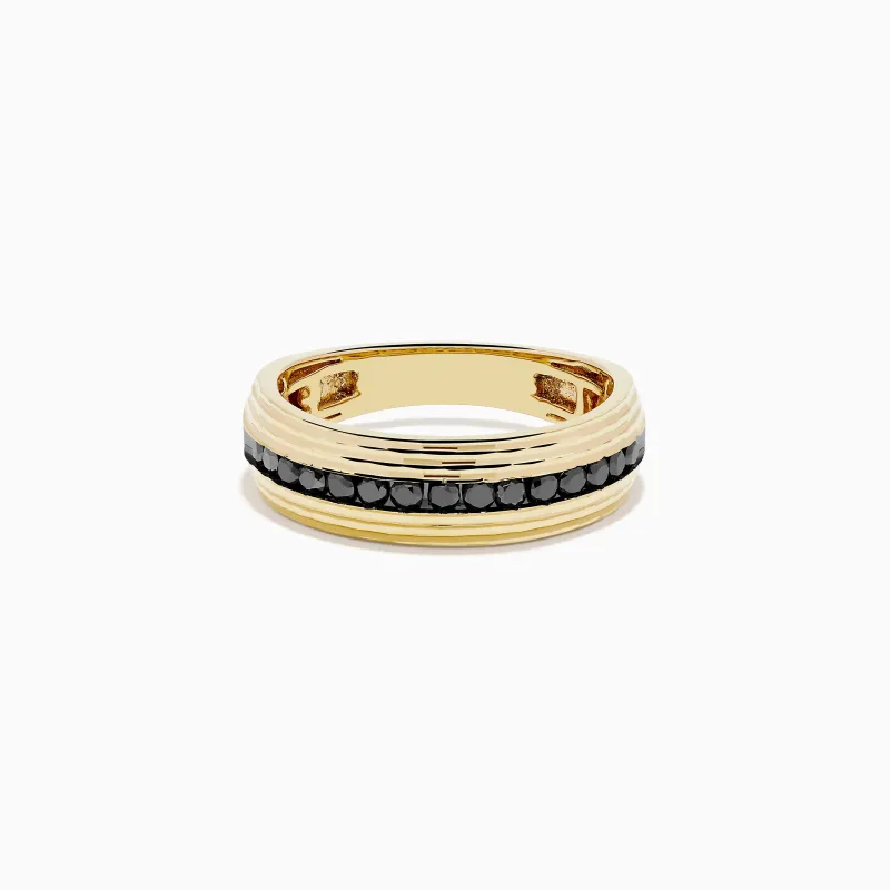 Men's 14K Yellow Gold Black Diamond Textured Ring made by Effy