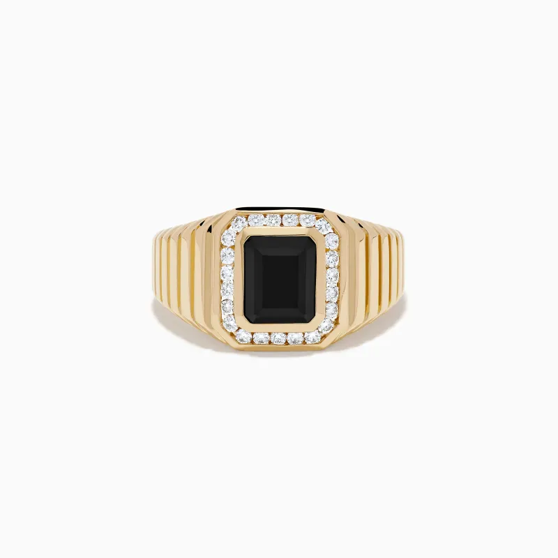 Men's 14K Yellow Gold Onyx and Diamond Signet Ring made by Effy