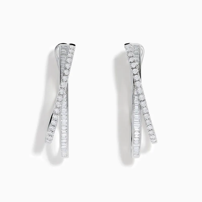 14K White Gold Diamond Double Hoop Crossover Earrings made by Effy