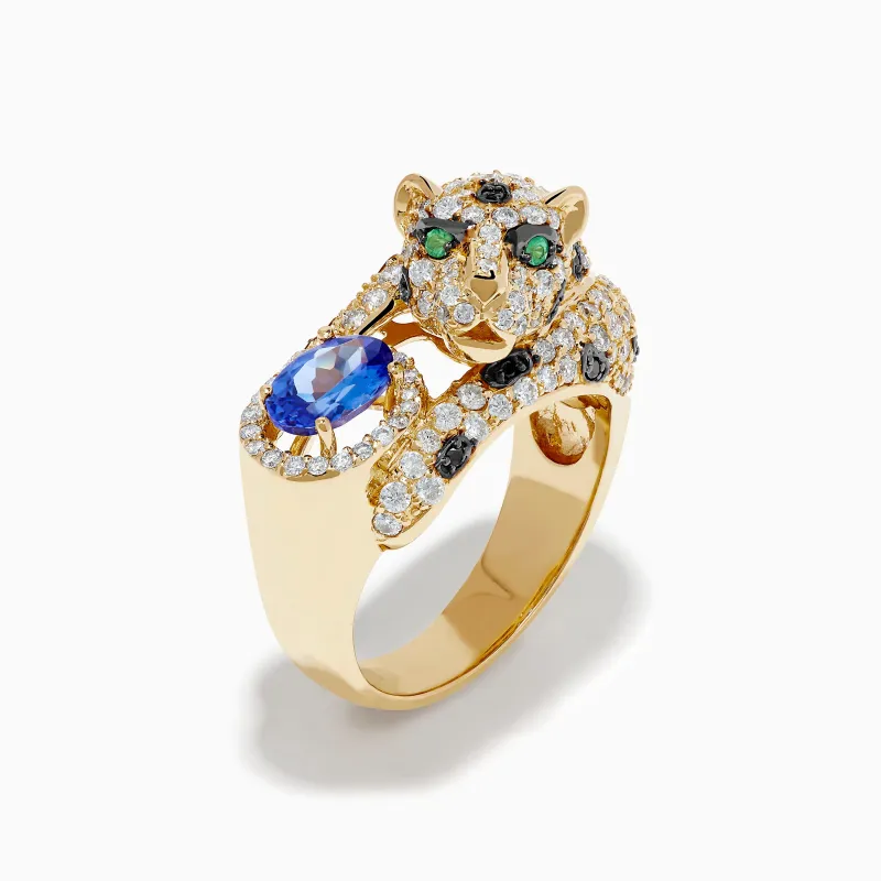 Signature 14K Yellow Gold Tanzanite and Diamond Panther Ring made by Effy