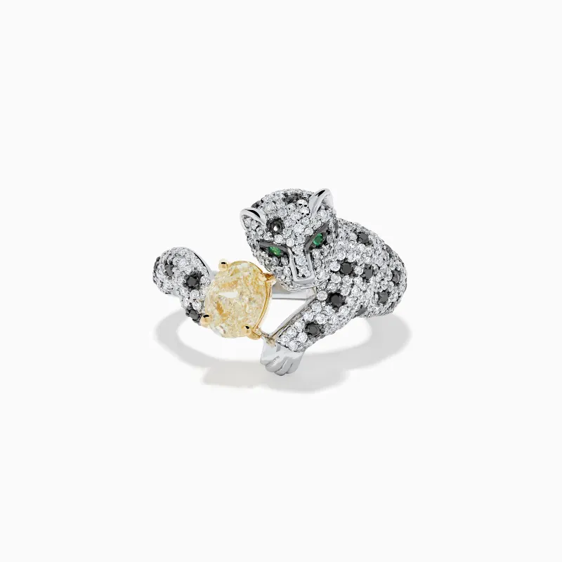 Signature 18K White Gold Yellow and White Diamond Panther Ring made by Effy