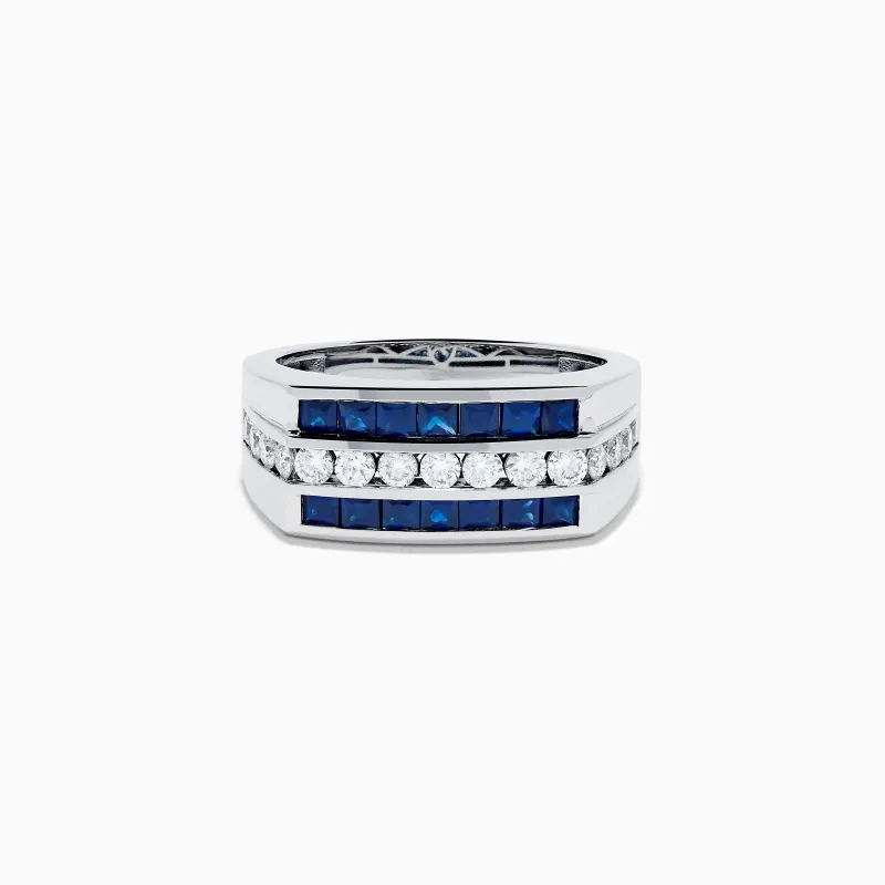 Men's 14K White Gold Blue Sapphire and Diamond Channel Set Ring made by Effy