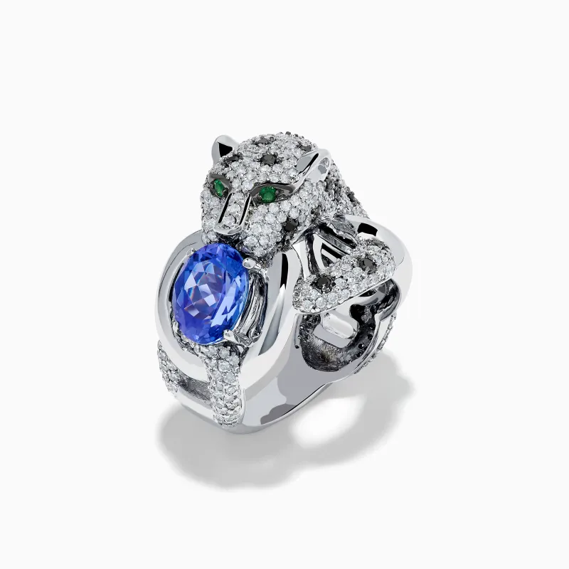 Signature 14K White Gold Tanzanite and Diamond Panther Ring made by Effy