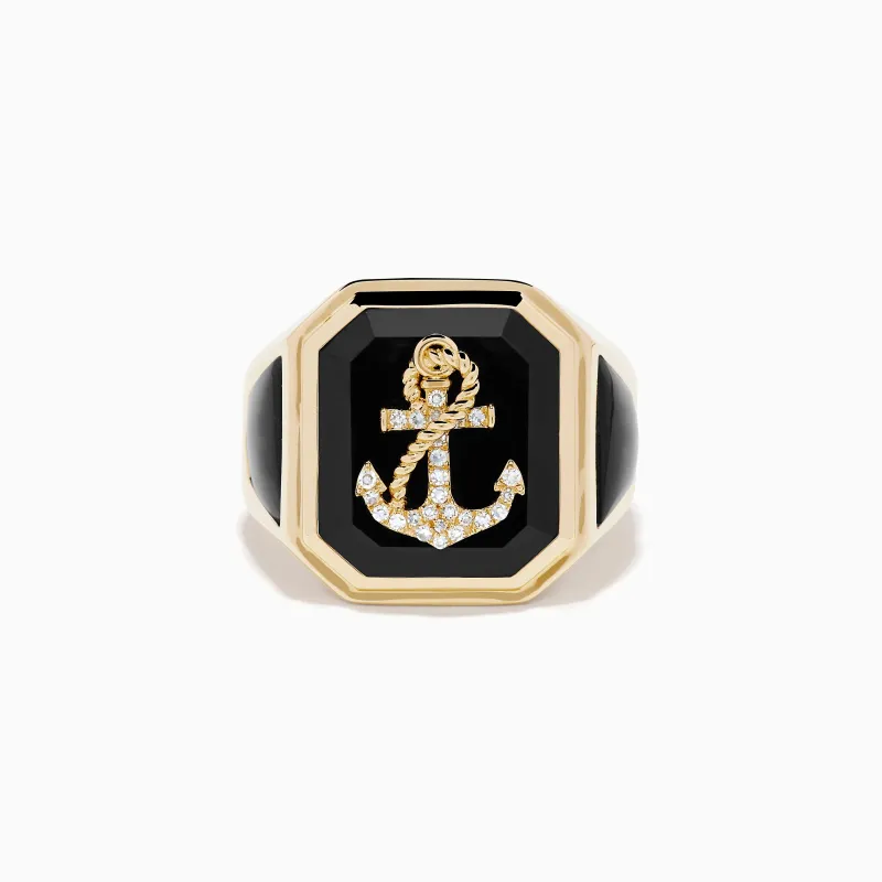 Men's 14K Yellow Gold Onyx and Diamond Anchor Signet Ring made by Effy
