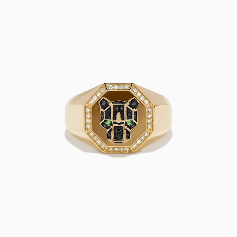 Men's 14K Yellow Gold Black and White Diamond Panther Signet Ring made by Effy
