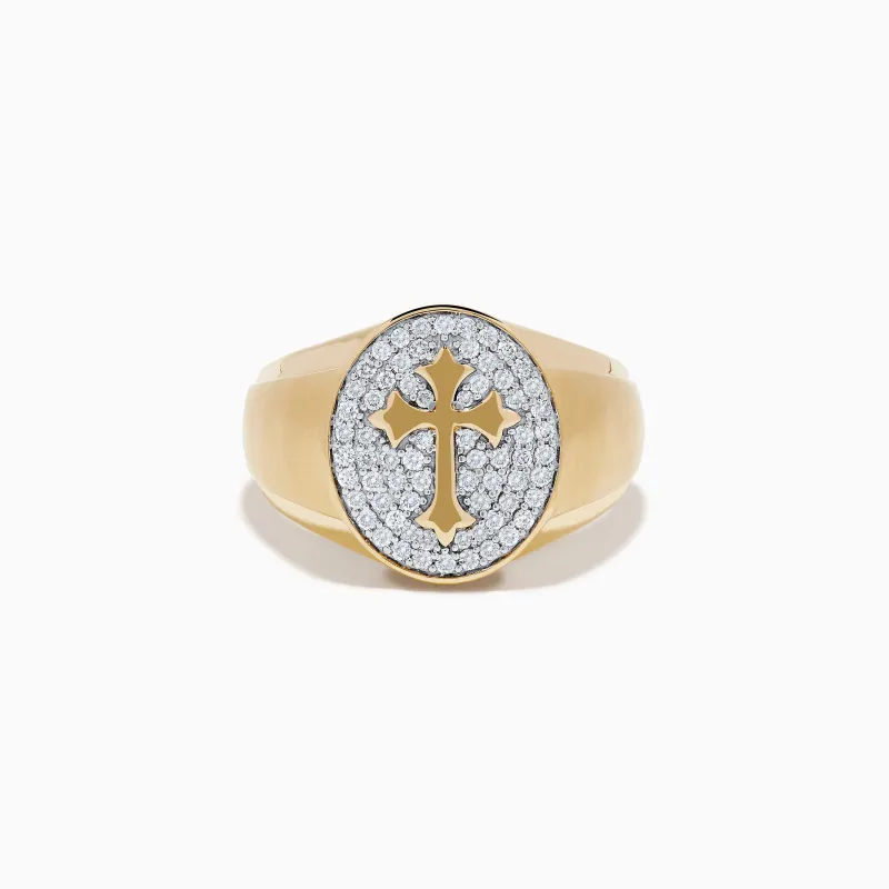 Men's 14K Yellow Gold Diamond Cross Signet Ring made by Effy