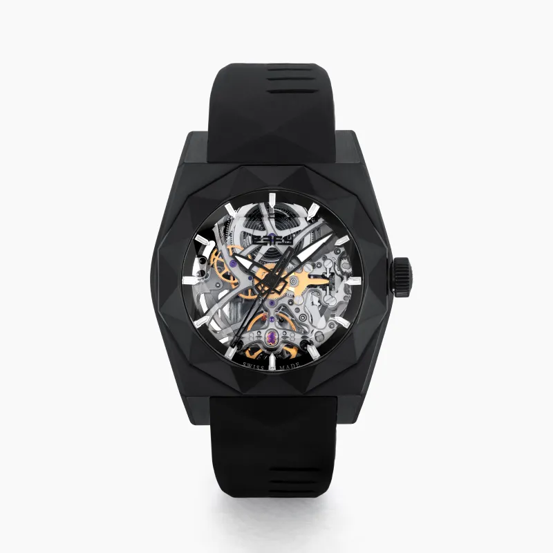 42MM Swiss Made Black PVD Titanium and Silicone Automatic Skeleton Watch made by Effy