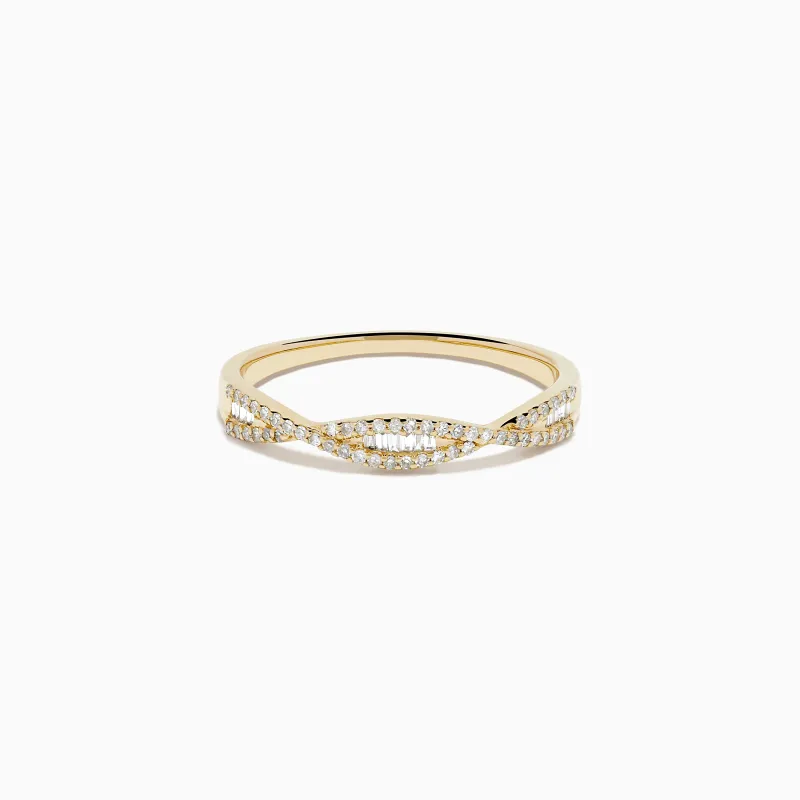14K Yellow Gold Diamond Baguette and Round Crossover Ring made by Effy