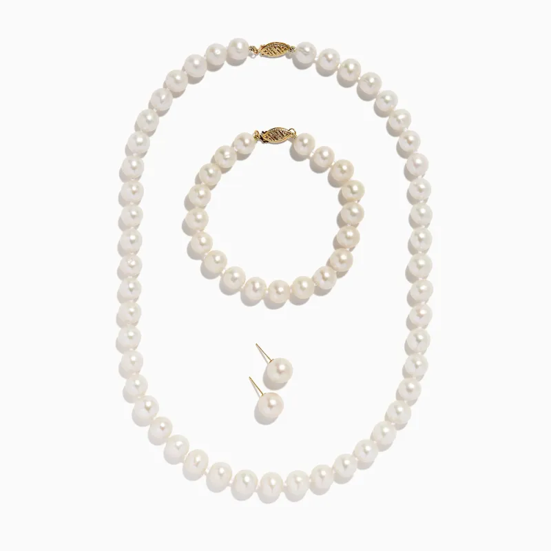 14K Yellow Gold Cultured Freshwater Pearl 3-Piece Box Set made by Effy