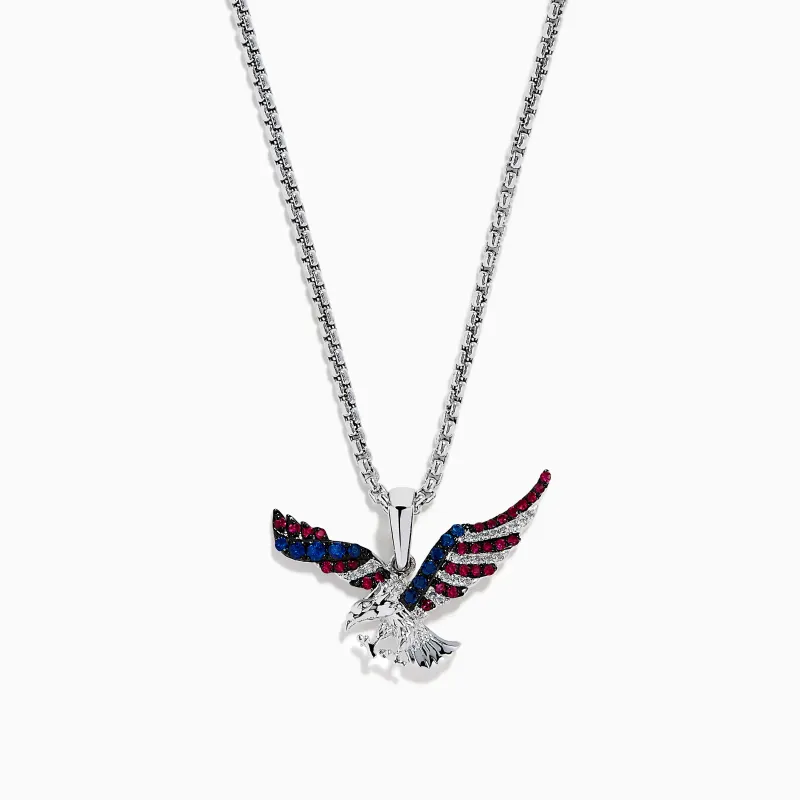 Men's 14K White Gold Ruby, Blue Sapphire and Diamond Eagle Pendant made by Effy