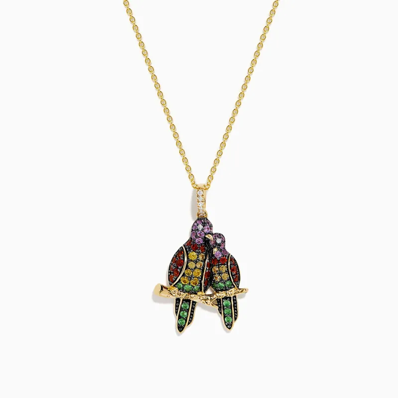 Watercolors 14K Yellow Gold Multi Sapphire and Diamond Lovebirds Pendant made by Effy