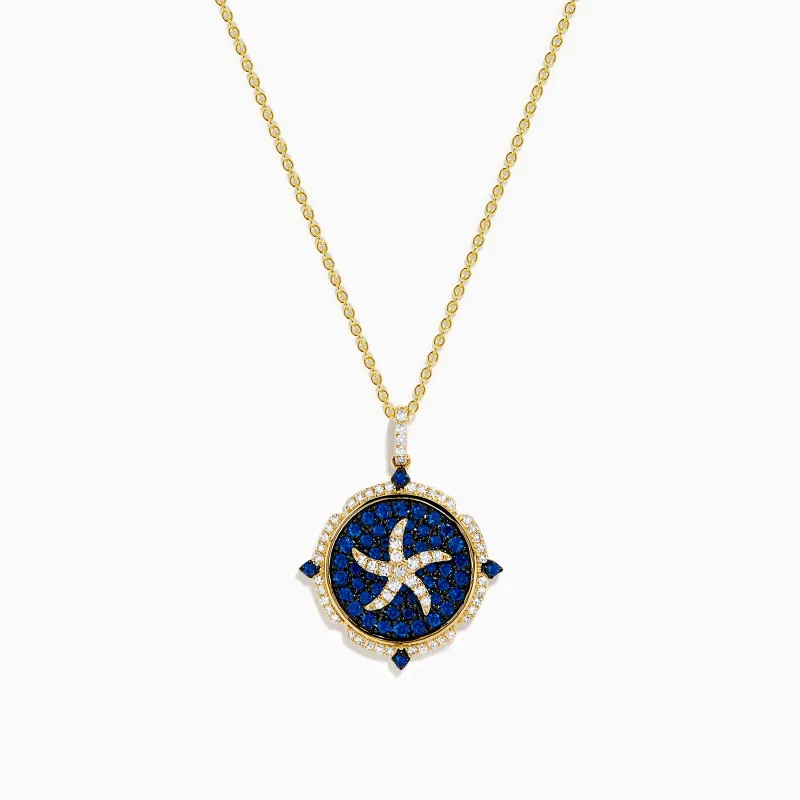 14K Yellow Gold Blue Sapphire and Diamond Starfish Medallion Pendant made by Effy
