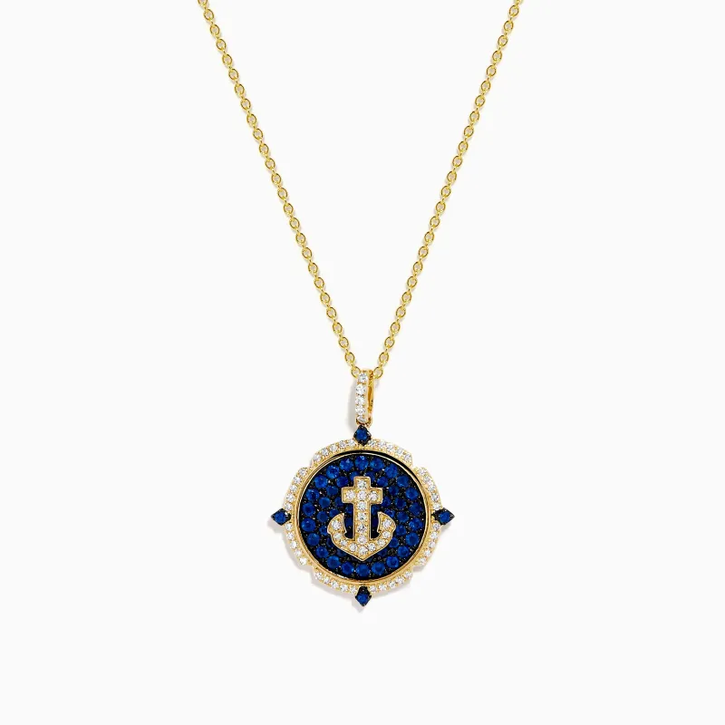 14K Yellow Gold Blue Sapphire and Diamond Anchor Medallion Pendant made by Effy