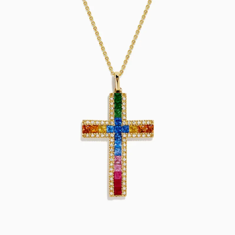 Watercolors 14K Yellow Gold Multi Sapphire and Diamond Rainbow Cross Pendant made by Effy