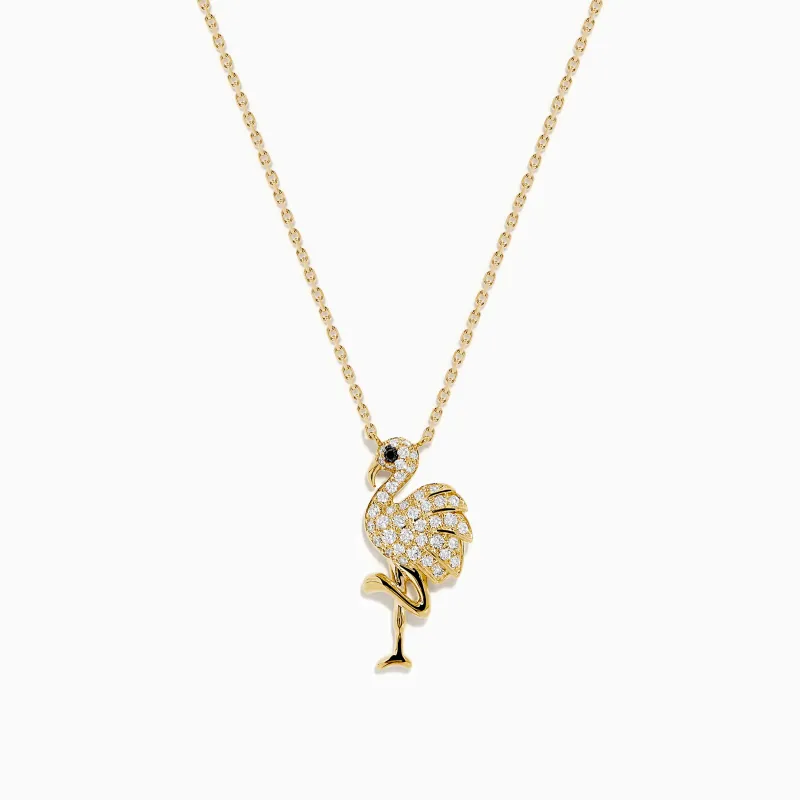 14K Yellow Gold White and Black Diamond Flamingo Pendant made by Effy