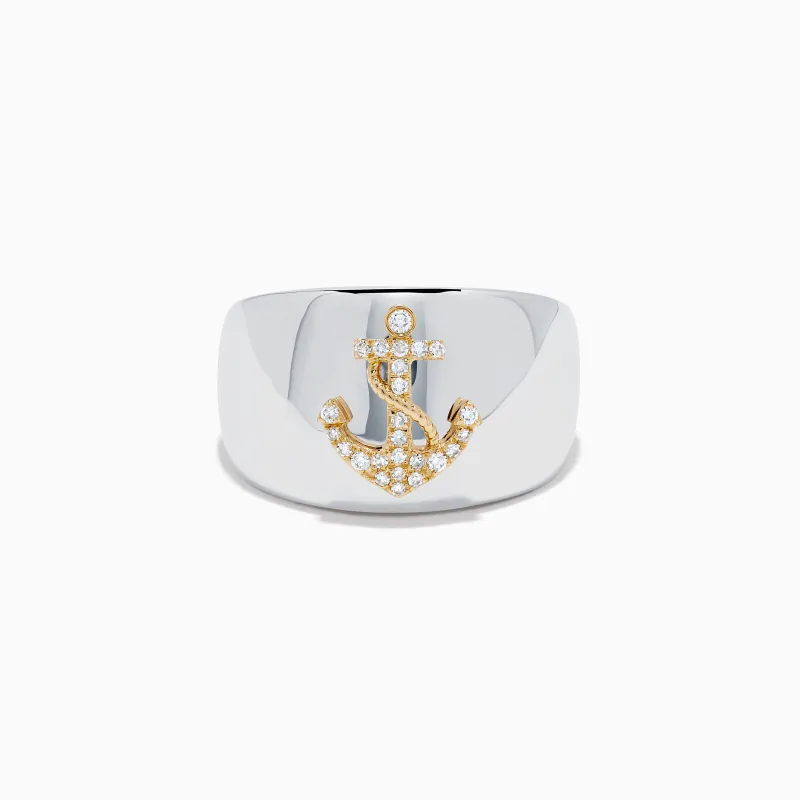 Sterling Silver and 14K Yellow Gold Diamond Anchor Signet Ring made by Effy