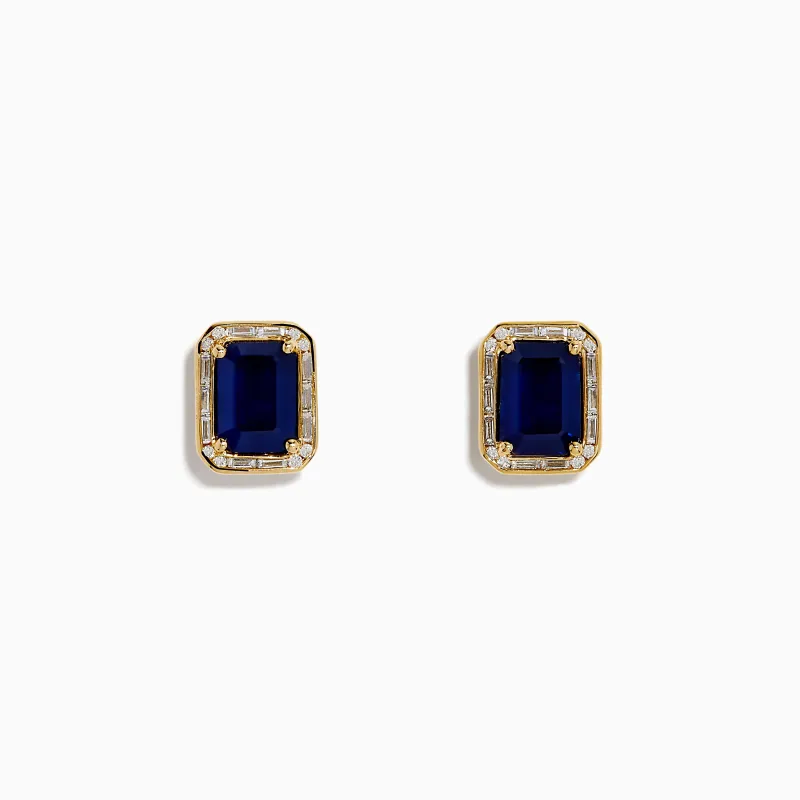 14K Yellow Gold Blue Sapphire and Diamond Emerald-Cut Halo Stud Earrings made by Effy