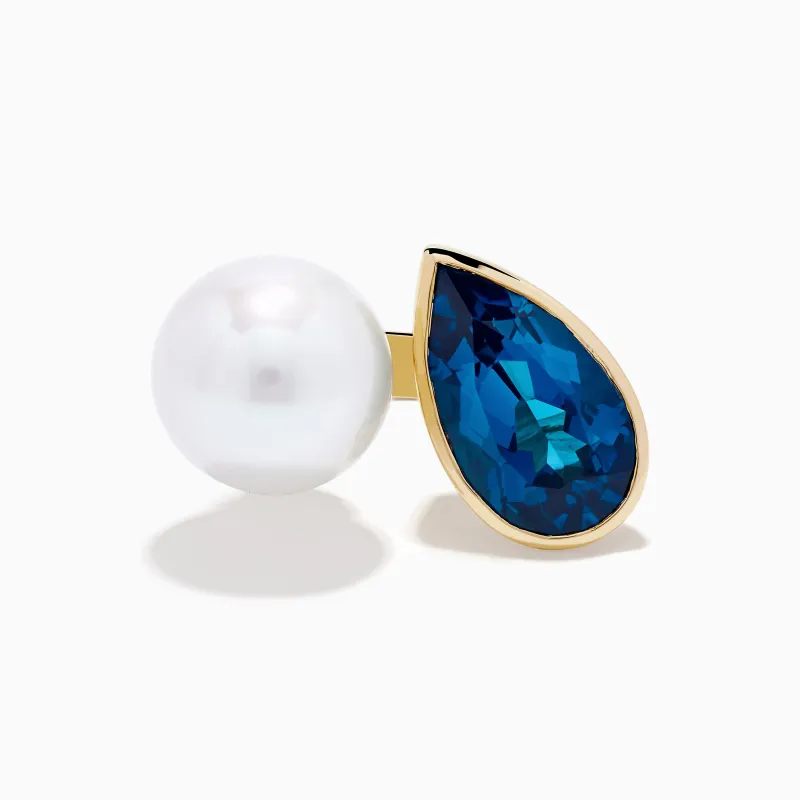 14K Yellow Gold Blue Topaz and Pearl Toi Et Moi Ring made by Effy