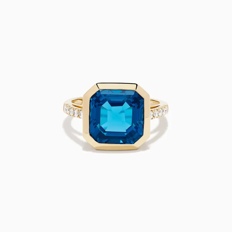 14K Yellow Gold Blue Topaz and Diamond Bezel-Set Asscher Cut Ring made by Effy