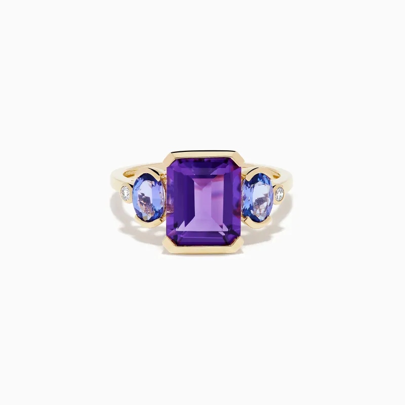 14K Yellow Gold Amethyst, Tanzanite and Diamond Three-Stone Ring made by Effy