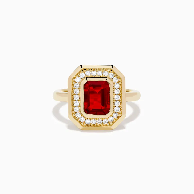 14K Yellow Gold Fire Opal and Diamond Emerald-Cut Halo Ring made by Effy