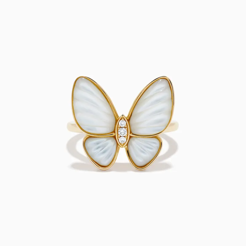 14K Yellow Gold Mother of Pearl and Diamond Butterfly Ring made by Effy
