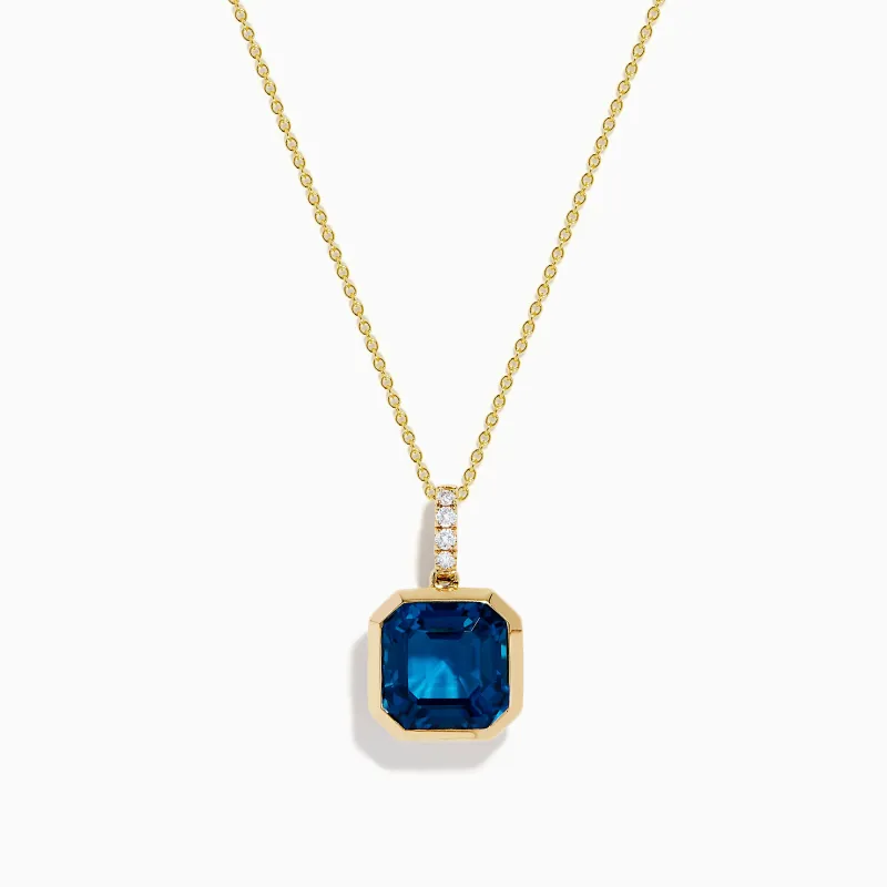 14K Yellow Gold Blue Topaz and Diamond Bezel-Set Pendant made by Effy