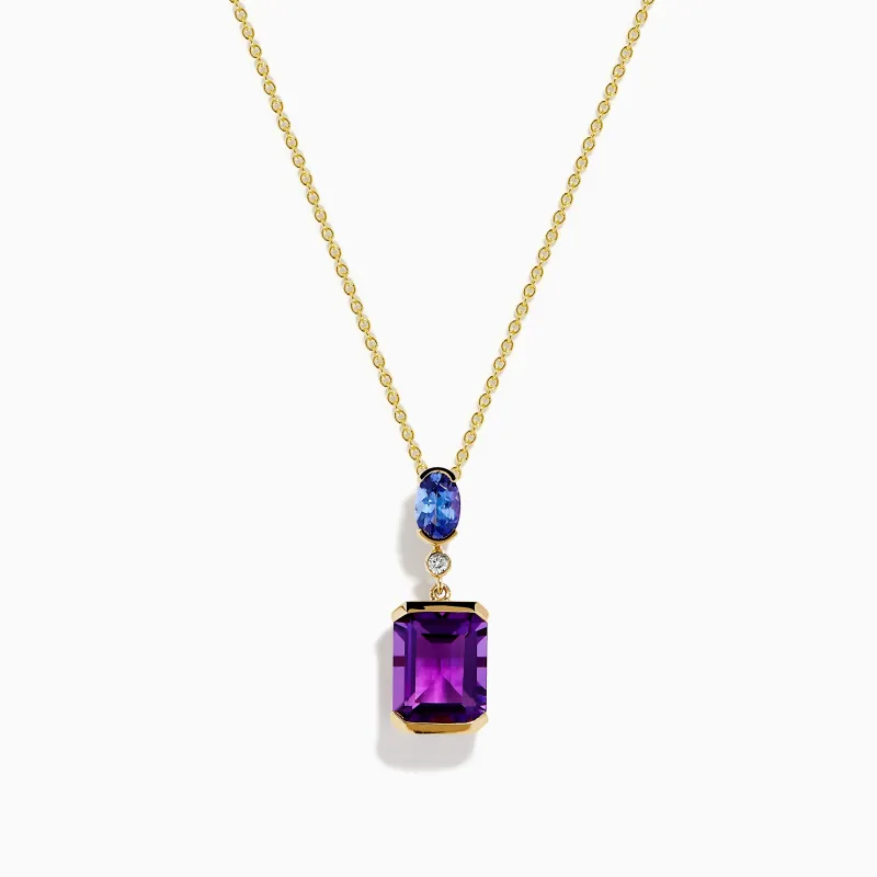14K Yellow Gold Amethyst, Tanzanite and Diamond Drop Pendant made by Effy