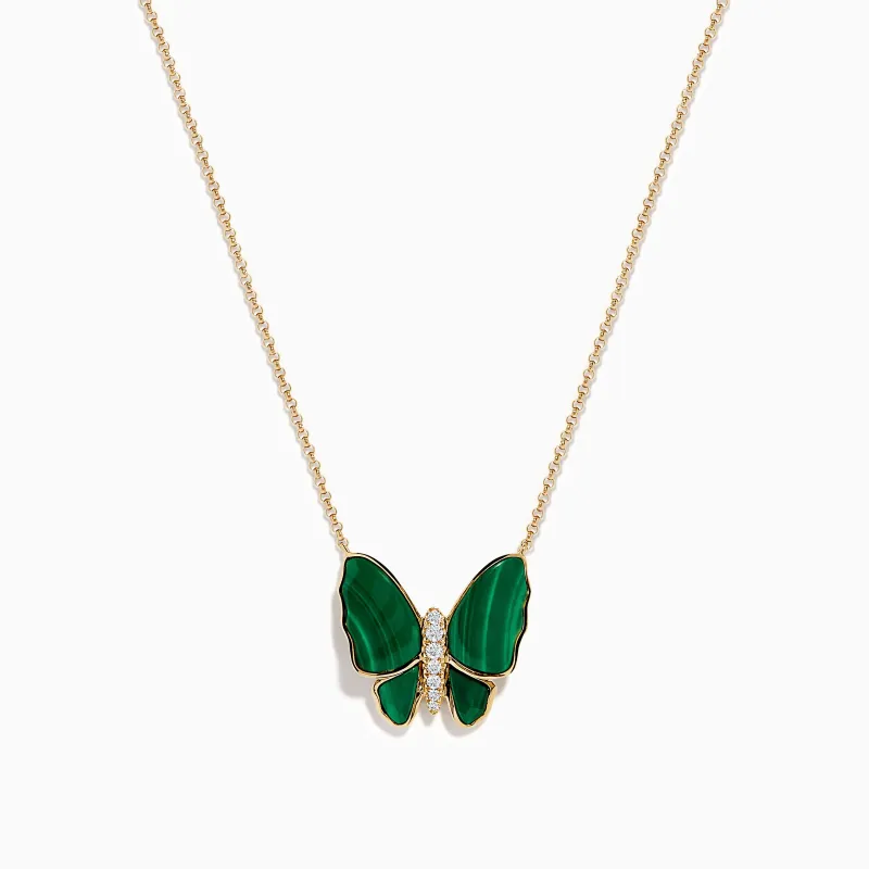 14K Yellow Gold Malachite and Diamond Butterfly Necklace made by Effy