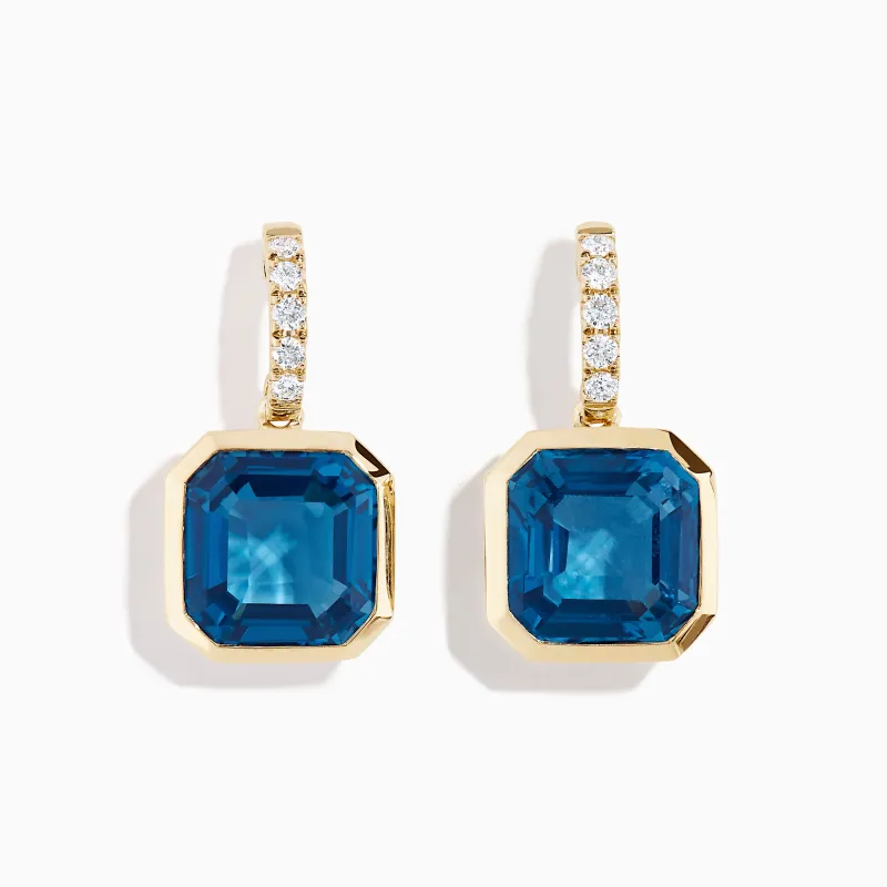 14K Yellow Gold Blue Topaz and Diamond Bezel-Set Drop Earrings made by Effy