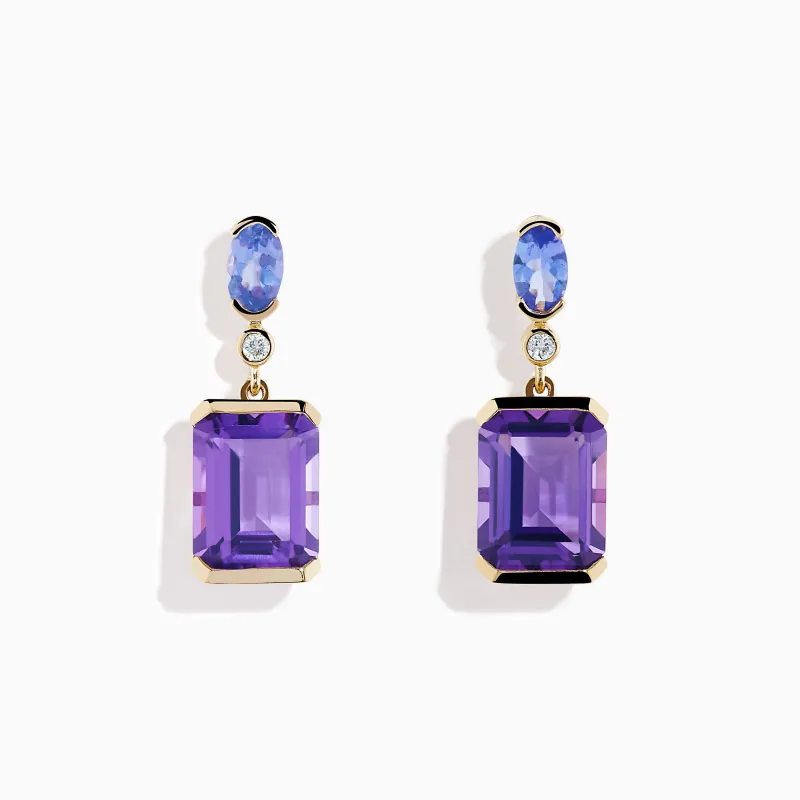 14K Yellow Gold Amethyst, Tanzanite and Diamond Drop Earrings made by Effy
