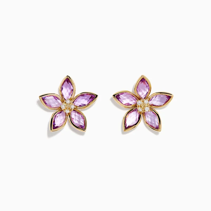 14K Yellow Gold Pink Amethyst and Diamond Flower Stud Earrings made by Effy