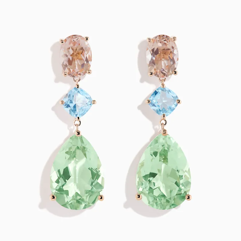 14K Rose Gold Green Amethyst, Blue Topaz and Morganite Drop Earrings made by Effy