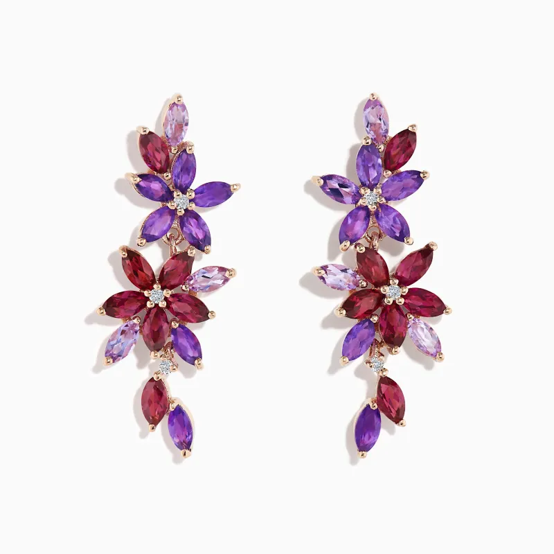 14K Rose Gold Amethyst, Rhodolite and Diamond Floral Cascade Drop Earrings made by Effy
