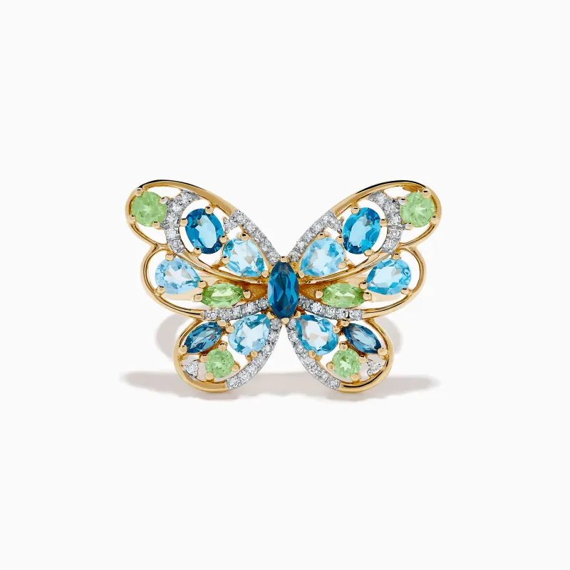 14K Yellow Gold Blue Topaz, Peridot and Diamond Butterfly Ring made by Effy