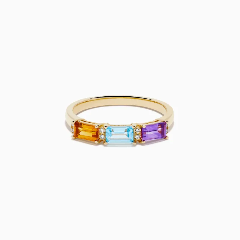 14K Yellow Gold Citrine, Topaz, Amethyst and Diamond 3-Stone Baguette Ring made by Effy