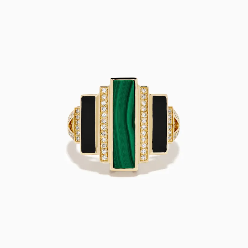 14K Yellow Gold Malachite, Onyx and Diamond Art Deco Geometric Ring made by Effy