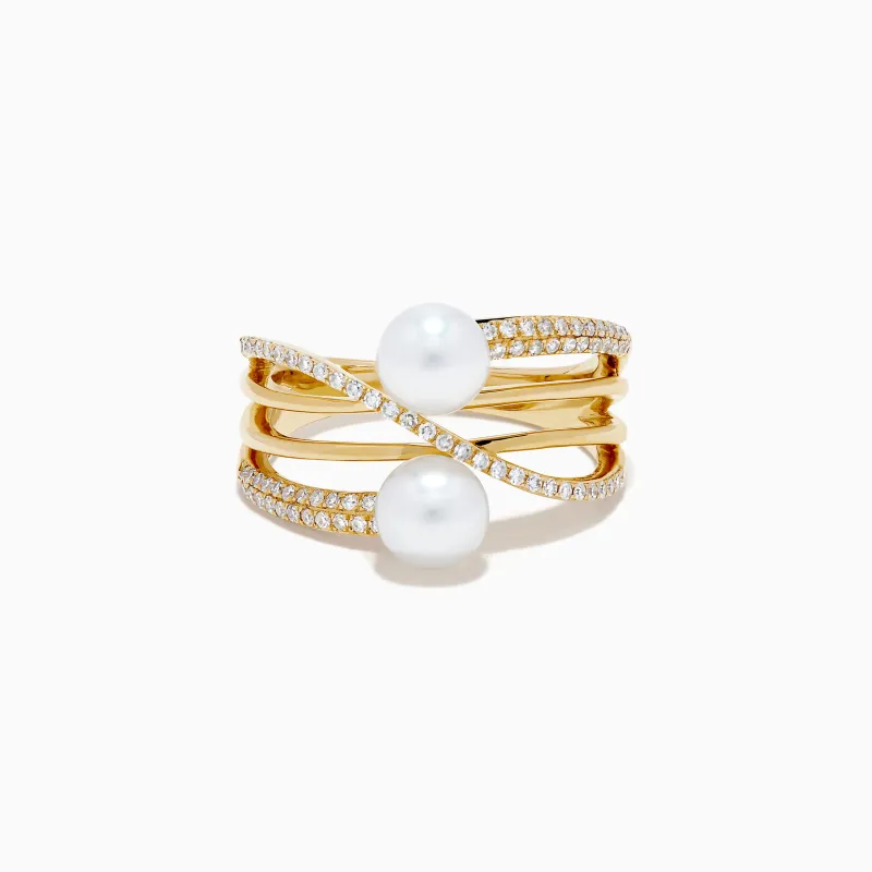 14K Yellow Gold Pearl and Diamond Crossover Ring made by Effy