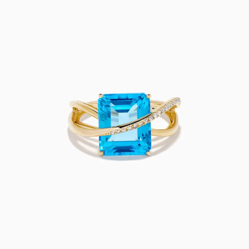 14K Yellow Gold Blue Topaz and Diamond Crossover Ring made by Effy