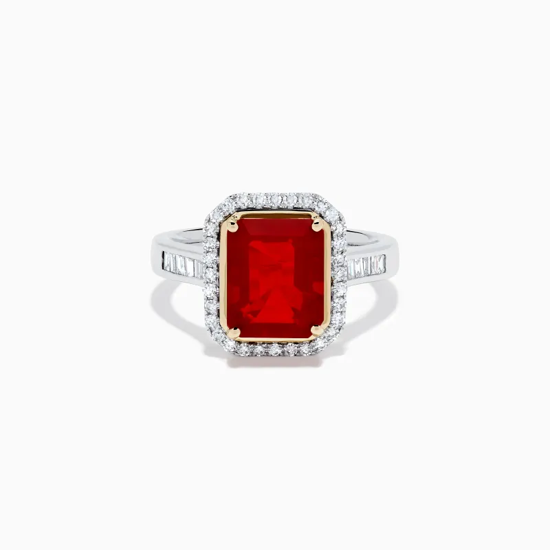 14K Yellow and White Gold Fire Opal and Diamond Halo Ring made by Effy