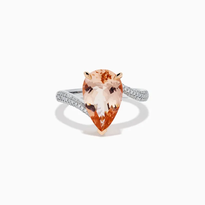 14K Rose and White Gold Morganite and Diamond Pear-Shaped Solitaire Ring made by Effy