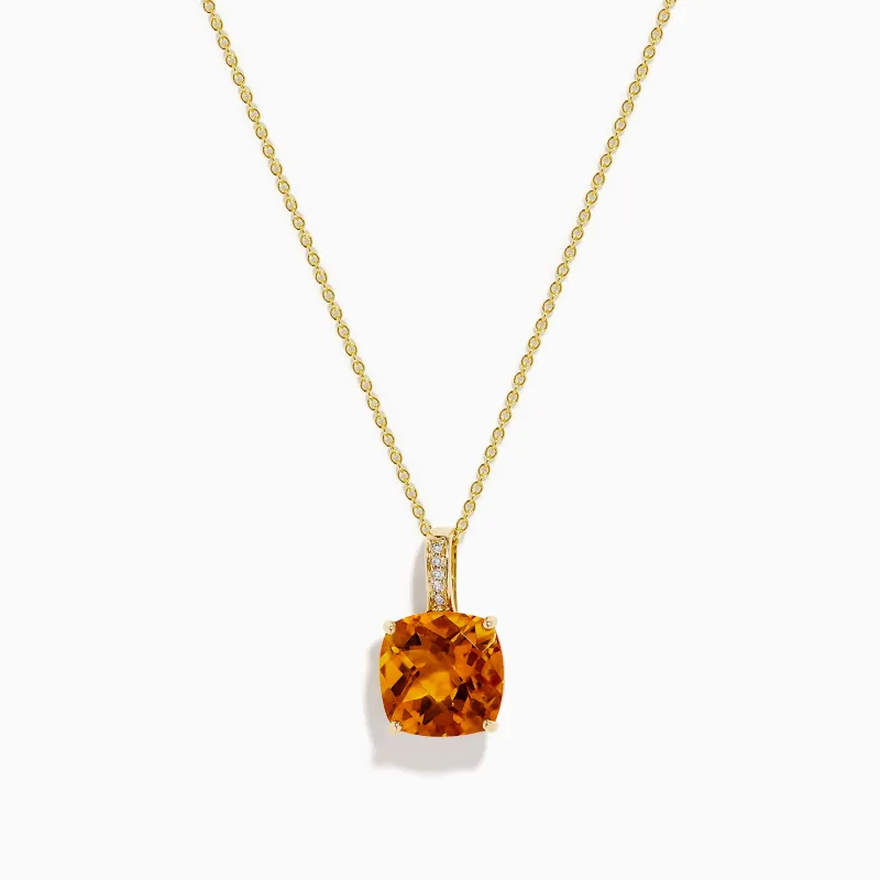 14K Yellow Gold Citrine and Diamond Cushion-Cut Solitaire Pendant made by Effy