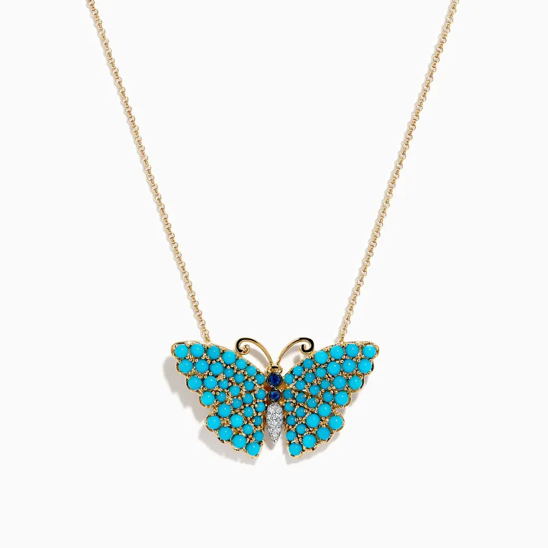 14K Yellow Gold Turquoise, Blue Sapphire and Diamond Butterfly Necklace made by Effy
