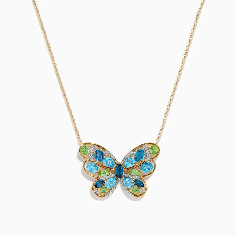 14K Yellow Gold Blue Topaz, Peridot and Diamond Butterfly Necklace made by Effy