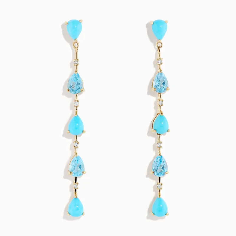 14K Yellow Gold Turquoise, Blue Topaz and Diamond Linear Drop Earrings made by Effy