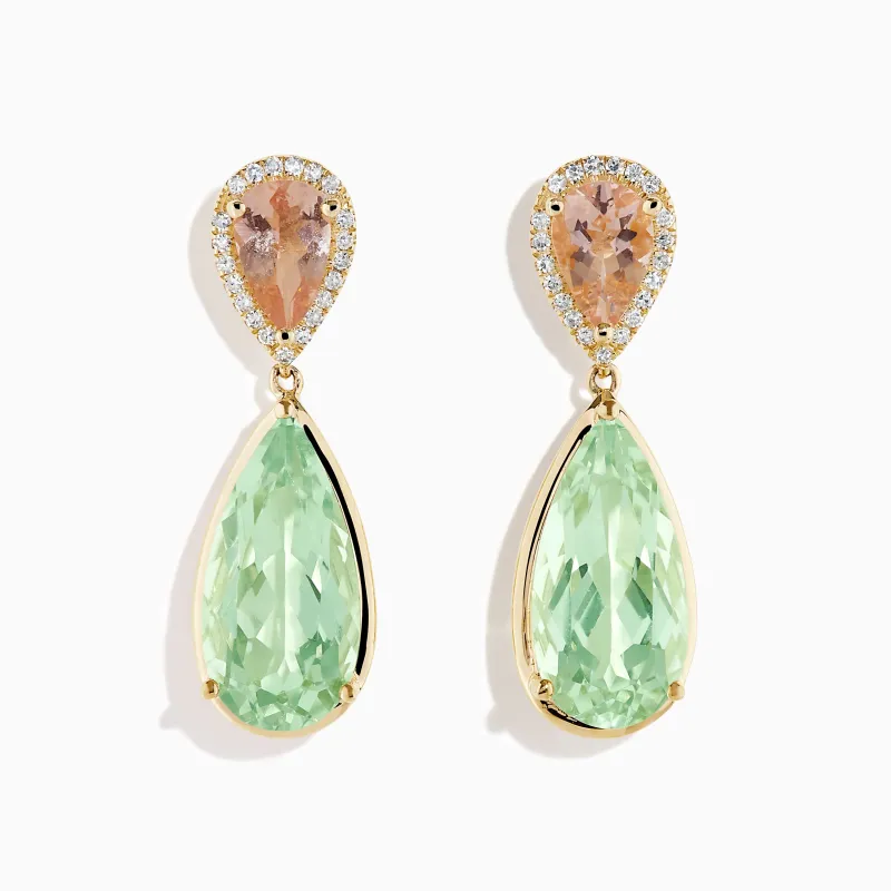 14K Yellow Gold Green Amethyst, Morganite and Diamond Drop Earrings made by Effy