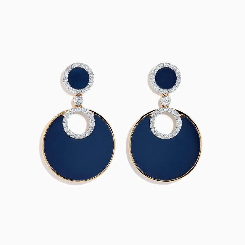 14K Yellow Gold Onyx and Diamond Circular Drop Earrings made by Effy